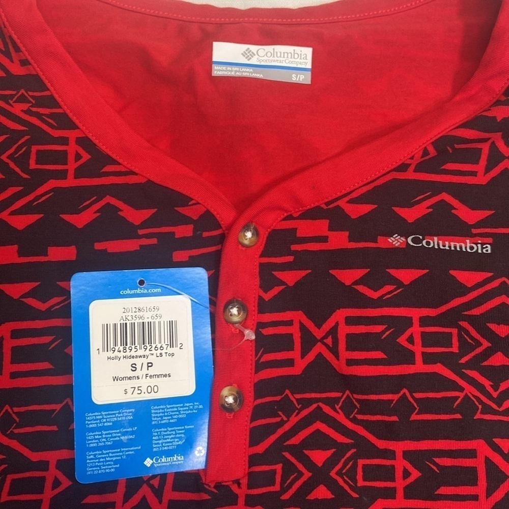 Columbia Red Black Print Holly Hideaway Long Sleeve Top Shirt Women S/P
